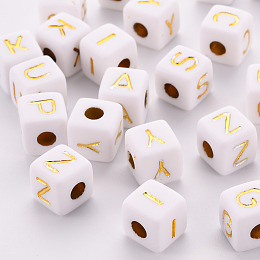 Honeyhandy Opaque White Acrylic European Beads, Horizontal Hole, Large Hole Beads, Metal Enlaced, Cube with Gold Random Mixed Letters, 9.5x9.5x9.5mm, Hole: 4mm, about 500pcs/500g