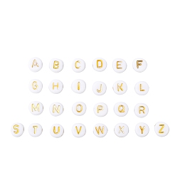 Honeyhandy Plating Acrylic Beads, Golden Metal Enlaced, Horizontal Hole, Flat Round with Alphabet, White, Letter A~Z, 7x3.5mm, Hole: 1.2mm, 26letters, about 100pcs/letter, 2600pcs/set