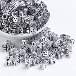 Honeyhandy Antique Silver Plated Large Hole Acrylic European Beads, Horizontal Hole, Cube with Letter, Random Mixed Letters, 6x6x6mm, Hole: 4mm, about 2950pcs/500g