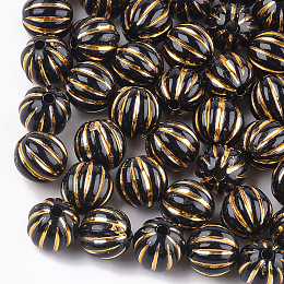 Honeyhandy Plating Acrylic Corrugated Beads, Metal Enlaced, Round, Black, 9.5~10mm, Hole: 2mm, about 900~950pcs/500g