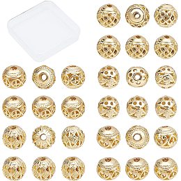 CREATCABIN 1 Box 30Pcs 5 Styles Hollow Gold Beads Filigree Round Balls 18K Real Gold Plated Alloy Peace Sign Heart Lotus Loose Spacers Disco Charms for DIY Jewelry Making Bracelets Necklaces Findings