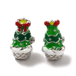 Christmas Theme Alloy Enamel European Beads, Large Hole Bead, Platinum, Green, 14.5x10x6mm, Hole: 4.6mm