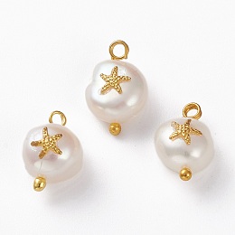 Honeyhandy Natural Keshi Pearl Pendants, with Alloy Cabochons and Brass Loops, Nuggets with Starfish, Golden, 13~16x8~9x5~8mm, Hole: 2mm