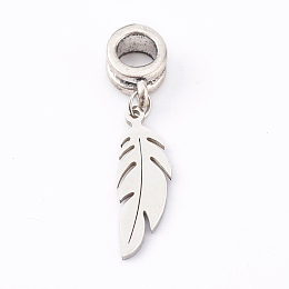 Honeyhandy 304 Stainless Steel European Dangle Charms, Large Hole Pendants, for Halloween, with Alloy Tube Bails, Feather, Antique Silver, 23mm, Hole: 4.5mm, feather: 20x6x1mm