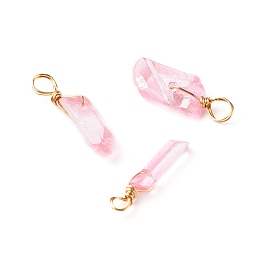 Honeyhandy Electroplated Natural Quartz Pendants, with Real 18K Gold Plated Eco-Friendly Copper Wire, Chip, Pink, 17~44x3.5~8x3~4mm, Hole: 2~4mm