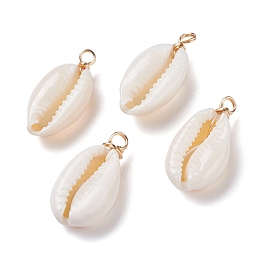 Honeyhandy Natural Cowrie Shell Pendants, Shell Charms with Eco-Friendly Copper Wire, Real 18K Gold Plated, 27~30x14~15x7~7.5mm, Hole: 4mm