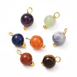 Honeyhandy Natural Mixed Gemstone Charms, Golden Brass Findings, Round, 11x6.5mm, Hole: 1.8mm