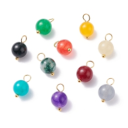 Honeyhandy Natural White Jade Charms, with Platinum Tone Brass Loops, Round, Dyed, Golden, 13x7.5mm, Hole: 3.3mm