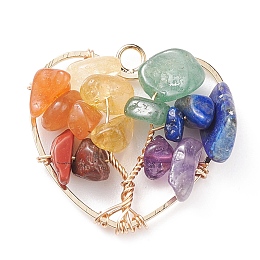 Honeyhandy Chakra Natural Gemstone Chip Pendants, Natural Amethyst & Green Aventurine & Lapis Lazuli & Citrine & Red Aventurine & Red Jasper, with Copper Wire Wrapped, Heart with Tree, Light Gold, 25.5x27x8mm, Hole: 2mm