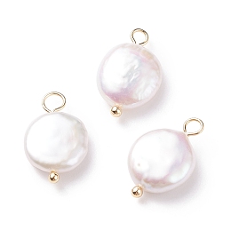 Honeyhandy Natural Baroque Pearl Keshi Pearl Pendants, Cultured Freshwater Pearl, with Brass Loops, Flat Round, Floral White, Golden, 17.5x11x4.5mm, Hole: 2.1~3.1mm