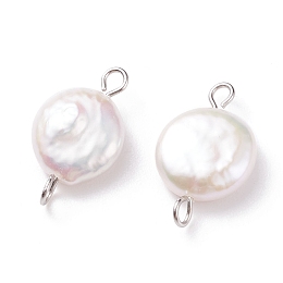 Honeyhandy Natural Baroque Pearl Keshi Pearl Connector Charms, Cultured Freshwater Pearl, with 304 Stainless Steel Double Loops, Flat Round, Floral White, Stainless Steel Color, 19.5x11.5x4.5~5.5mm, Hole: 1.8~2mm