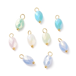 Honeyhandy Electroplate Glass Pendants, with Golden Plated Brass Loops, Faceted, Oval, Sky Blue, 13~14x6~6.5x4~4.5mm, Hole: 2~3mm