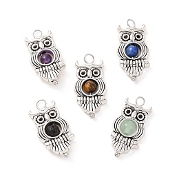 Honeyhandy Natural Mixed Stone Pendants, Owl Charm, with Antique Silver Tone Alloy Findings, 23x11.5x4.5mm, Hole: 1.7mm