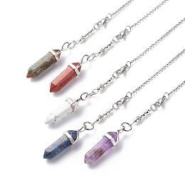 Honeyhandy Natural Mixed Gemstone Pointed Dowsing Pendulums, with Stainless Steel Color Plated 304 Stainless Steel Findings and Synthetic Hematite Beads, Faceted Bullet Charm, 237x2mm, Pendant: 39.5x11.5x10mm