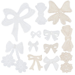 Gorgecraft 24Pcs 12 Style Milk Fiber Lace Embroidery Costume Accessories, Applique Patch, Sewing Craft Decoration, Bowknot, Mixed Color, 26~135x37~125x1~2mm, 2pcs/style