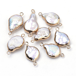 Honeyhandy Plated Natural Baroque Pearl Keshi Pearl Links connectors, with Iron Findings, teardrop, Golden, 20~26x11.5~12x5~6mm, Hole: 2mm