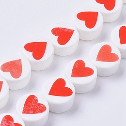 Honeyhandy Porcelain Beads, Flat Round with Heart, Red, 14~15x8mm, Hole: 1.8mm, about 25pcs/strand, 14.1 inch(36cm)