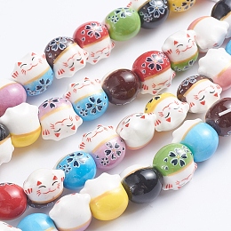 Handmade Printed Porcelain Beads, Lovely Cat, Mixed Color, 14x14x11.5mm, Hole: 2mm; about 25pcs/Strand, 12.20''(31cm)