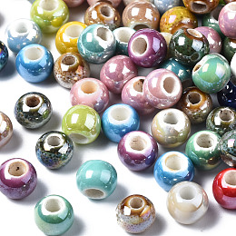 Honeyhandy Electroplate Porcelain Beads, Handmade Bright Glazed Porcelain, Round, Mixed Color, 6~7x5~6mm, Hole: 1.6~2.5mm