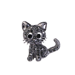 Honeyhandy Lovely Cat Brooch, Gunmetal Alloy Glass Rhinestone Brooch for Women, Gunmetal, 30x25mm