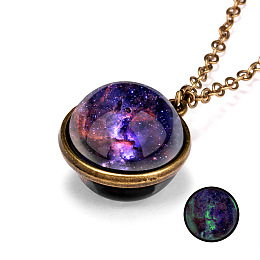 Honeyhandy Luminous Glass Planet Pendant Necklace with Antique Golden Alloy Chains, Blue Violet, 19.69 inch(50cm)