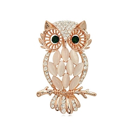 Honeyhandy Alloy Rhinestone Brooches, with Cat Eye, Owl Brooches for Women, Golden, 57x32mm