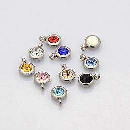 Honeyhandy Trendy Original Color 304 Stainless Steel Faceted Grade A Rhinestone Flat Round Charms Pendants, Birthstone Charms, Stainless Steel Color, Mixed Color, 9x6.5x4mm, Hole: 2mm