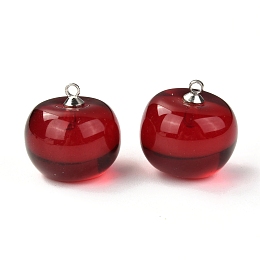 Honeyhandy Resin Pendants with Glass Kernel and Stainless Steel Top Ring, Imitation Fruit, 3D Cherry, Dark Red, 17~18x17~17.5mm, Hole: 1.6mm