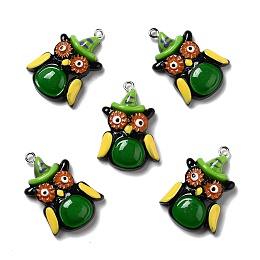 Honeyhandy Halloween Opaque Resin Pendants, with Platinum Tone Iron Loops, Owl, Colorful, 32x21.5x8mm, Hole: 2mm