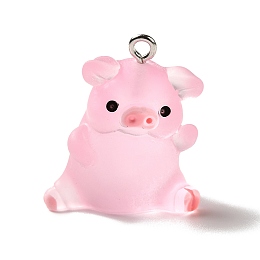 Honeyhandy Translucent Resin Pendants, Pig Charm, with Platinum Tone Iron Findings, Pearl Pink, 25x23x16.5mm, Hole: 2mm