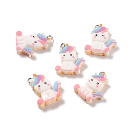 Honeyhandy Opaque Resin Unicorn Pendants, with Platinum Tone Iron Loops, Colorful, 23.5x20x6mm, Hole: 2mm