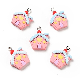 Honeyhandy Christmas Opaque Resin Pendants, with Platinum Tone Iron Loops, House Charm, Pink, 26x20x6mm, Hole: 2x2.6mm