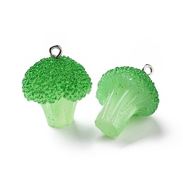 Honeyhandy Opaque Resin Vegetables Pendants, Broccoli Charms, with Platinum Tone Iron Loops, Lime Green, 25.5x21x18mm, Hole: 2mm