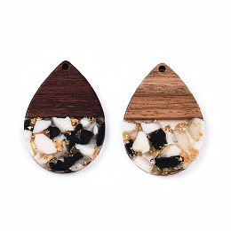 Honeyhandy Transparent Resin & Walnut Wood Pendants, with Gold Foil, Teardrop Charm, Black, 36x24.5x3mm, Hole: 2mm