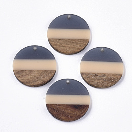 Honeyhandy Two Tone Transparent Resin & Walnut Wood Pendants, Flat Round, Gray, 28x3.5mm, Hole: 2mm