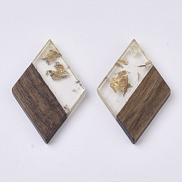 Honeyhandy Transparent Resin & Walnut Wood Pendants, with Gold Foil, Waxed, Rhombus, Gold, 29x19.5x3.5mm, Hole: 2mm