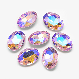 Honeyhandy Pointed Back Glass Rhinestone Cabochons, Back Plated, Faceted, AB Color Plated, Oval, Pearl Pink, 18x13x5.5mm