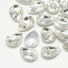 Honeyhandy Pointed Back Glass Rhinestone Cabochons, Back Plated, Faceted, teardrop, Crystal, 14x10x4.5mm