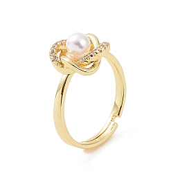 Honeyhandy Brass Micro Pave Cubic Zirconia Adjustable Rings, Flower with Plastic Imitation Pearl Rings for Women, Real 18K Gold Plated, 2.5mm, Inner Diameter: US Size 7 1/4(17.5mm)