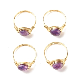 Honeyhandy Natural Amethyst Oval Finger Rings, Copper Wire Wrapped Jewelry for Women, Golden, US Size 8 1/4(18.3mm)~US Size 8 3/4(18.7mm)