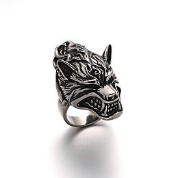 Honeyhandy Wolf Personalized Retro Men's 304 Stainless Steel Finger Rings, Antique Silver, 17~23mm