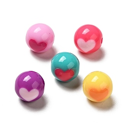 Honeyhandy Two Tone Opaque Acrylic Beads, Round with Heart, Mixed Color, 11.5mm, Hole: 2.2mm, about 526pcs/500g