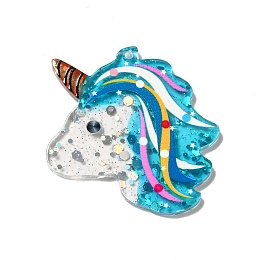 Honeyhandy Transprent Acrylic Pendants, with Sequins, Unicorn Charm, Dark Turquoise, 39x41.5x2.5mm, Hole: 1.4mm