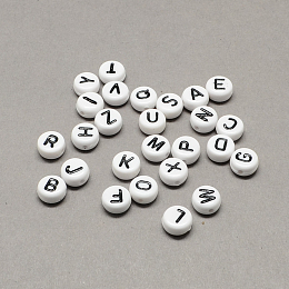 Honeyhandy White and Black Acrylic Horizontal Hole Letter Beads, Flat Round with Random Letters, Letter, 7x4mm, Hole: 1.3mm, about 3600pcs/500g