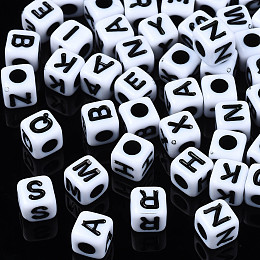 Honeyhandy Opaque Acrylic Beads, Cube with Alphabet, Random Mixed Letters, 5x5x5mm, Hole: 2mm, about 5050pcs/500g