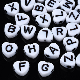 Honeyhandy Opaque Acrylic Beads, Heart, White & Black, Random Mixed Letters, 7x7x3mm, Hole: 1.8mm, about 4129pcs/500g