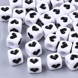 Honeyhandy Opaque Acrylic Beads, Cube with Heart, Black, 6x6x6mm, Hole: 3.5mm, about 3200pcs/500g