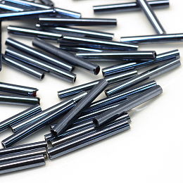 Honeyhandy Glass Bugle Beads, Hematite Plated, 20x2.5mm, Hole: 0.5mm, about 2000~2500pcs/bag