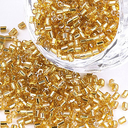 Honeyhandy Grade A Glass Seed Beads, Hexagon(Two Cut), Silver Lined, Gold, 1.5~2.5x1.5~2mm, Hole: 0.8mm, about 2100pcs/bag, 450g/bag