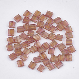 Honeyhandy 2-Hole Transparent Glass Seed Beads, Dyed, Rectangle, BurlyWood, 5x4.5~5.5x2~2.5mm, Hole: 0.5~0.8mm